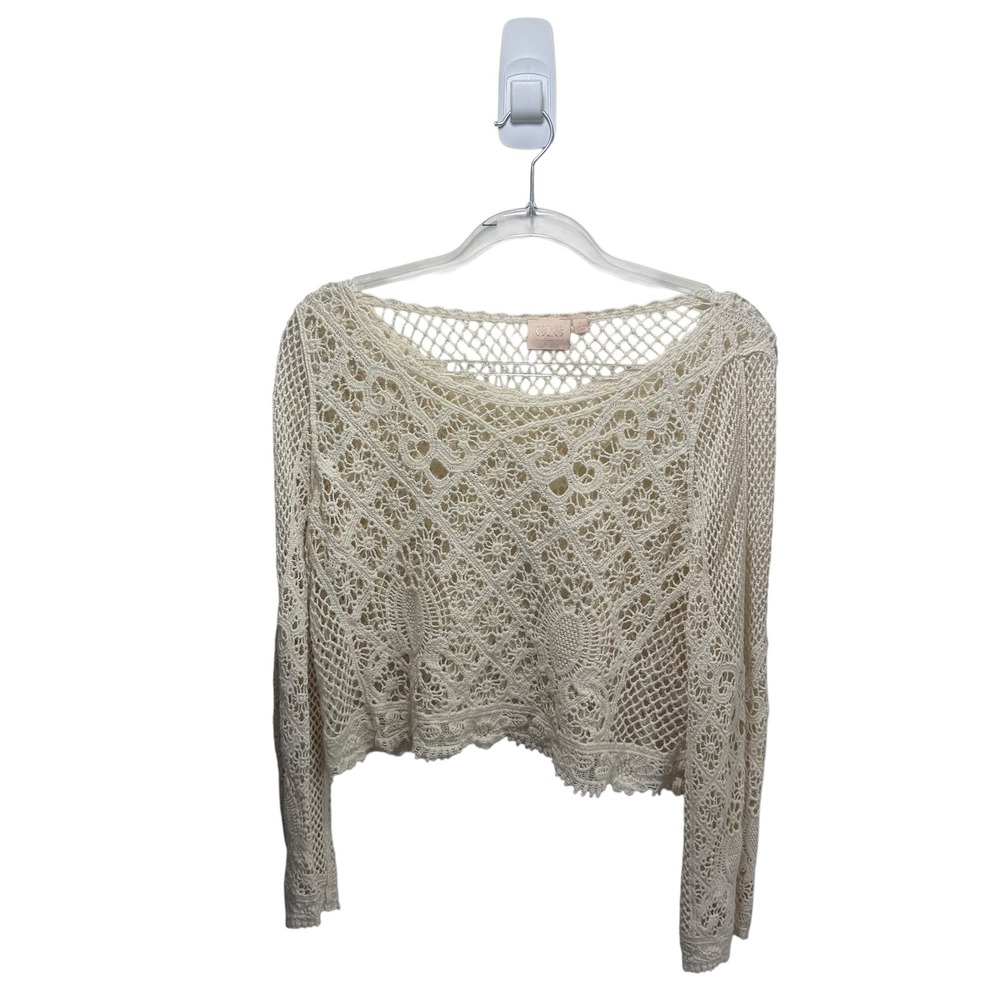 GLG Cottagecore Gipsy Ivory Cotton Crochet Long Sleeve Cropped Top Small Boho